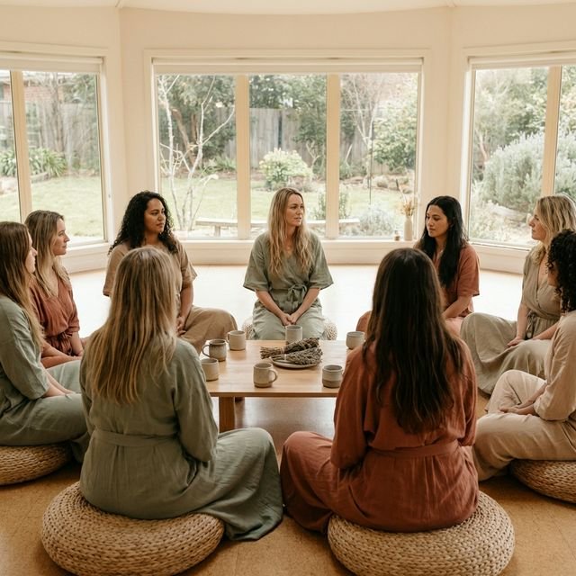 A serene gathering of women in a therapeutic mother's circle setting